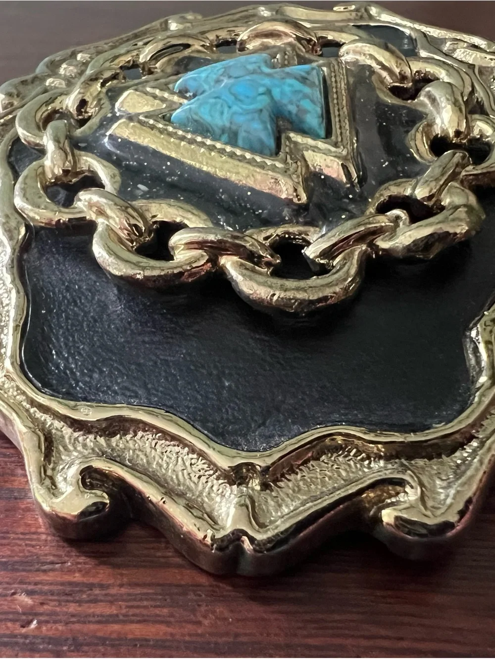 Vintage Southwestern Turquoise Inlay Belt Buckle Gold Tone - Western USA